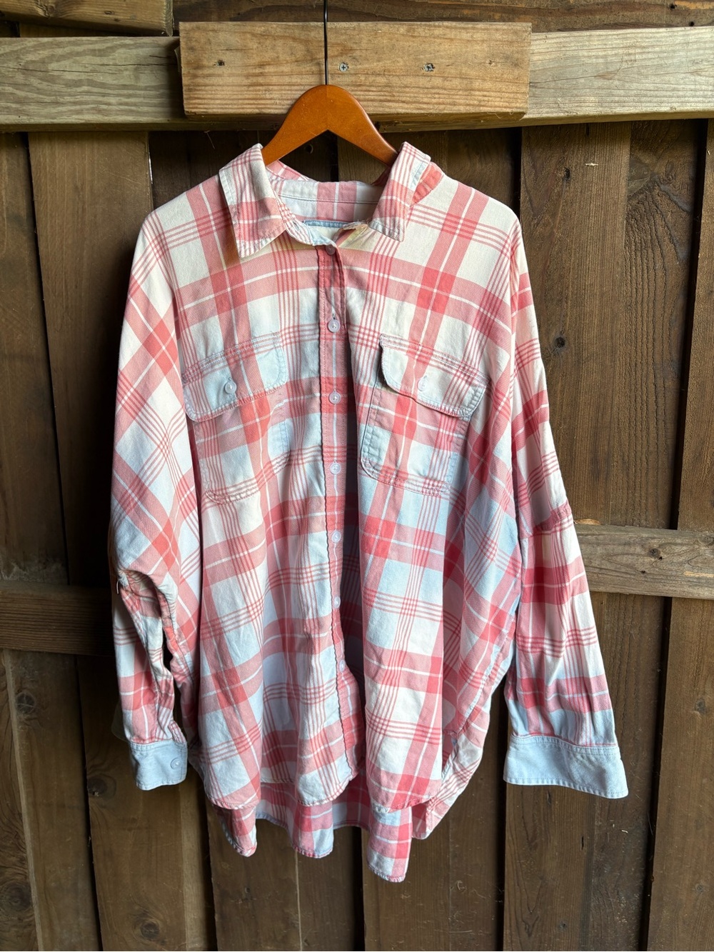 American Eagle Red plaid Denim Trim Oversized Button Shirt